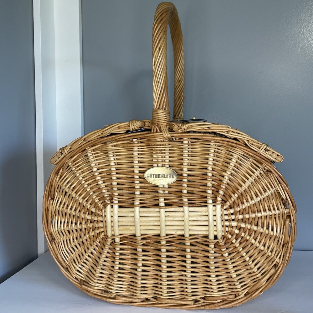 Sutherland Picnic Basket Woven Wicker Leather Straps Utensils Plates And Napkins
